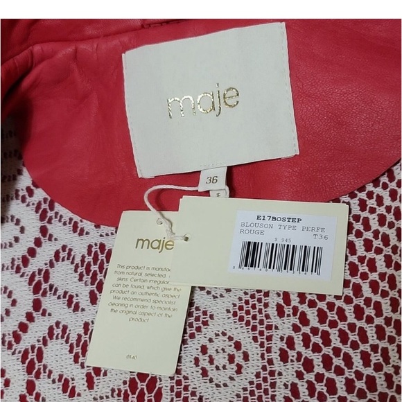 MAJE MOTORCYCLE JACKET NWT RED LEATHER Size-36 - Picture 8 of 11